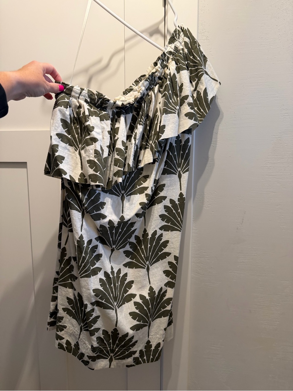 LOFT Olive Leaf One-Shoulder Ruffle Dress on Cream